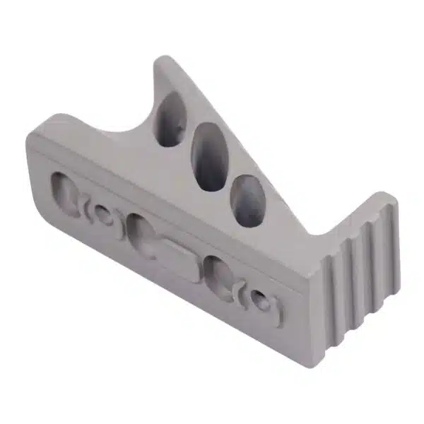 Precision-engineered mounting bracket with holes for fasteners, fins for cooling, industrial applications.