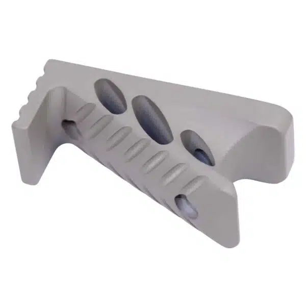 Gray polymer L-bracket with oval cutouts for equipment mounting.