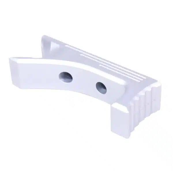 White plastic component with curved design, dual holes, ridged and tapered ends for technical use.