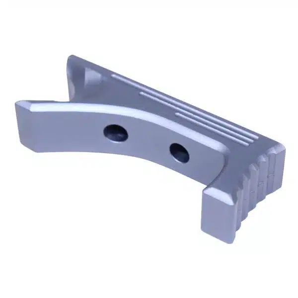 Precision-machined aluminum component with silvery-blue finish, curved design, and two mounting holes.