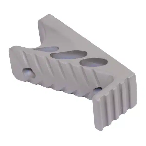 Precision CNC aluminum component with angular design, circular holes, and serrated grooves for engineering.