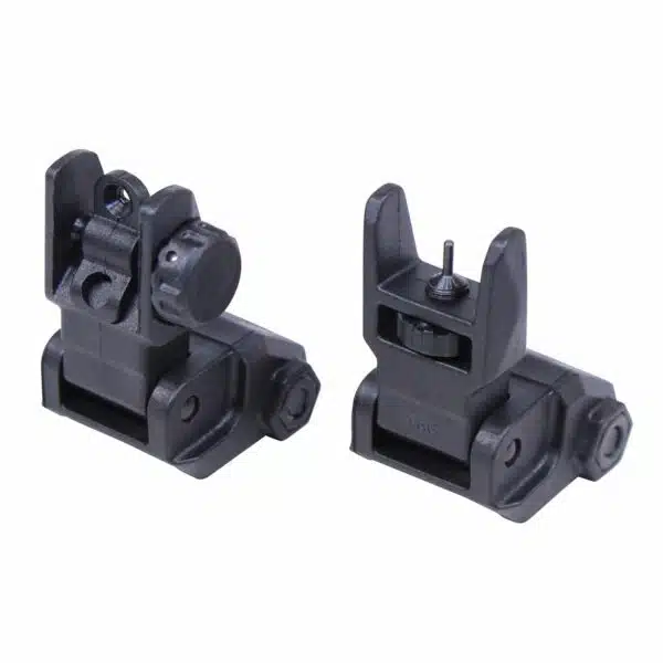 Matte black tactical flip-up iron sights for firearms with windage and elevation adjustments.