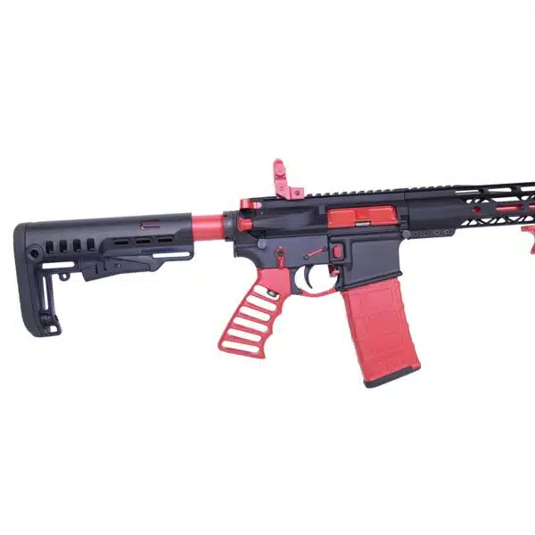 Black and red tactical airsoft rifle with collapsible stock and rail system for accessories.