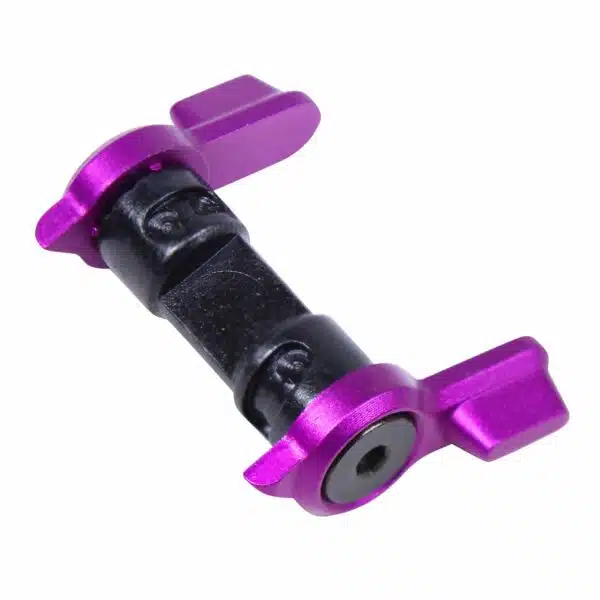 Custom purple ambidextrous safety selector for AR-15 rifles with anodized levers and textured body.