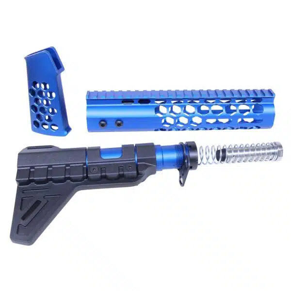 Custom blue anodized AR-15 accessories including pistol brace, handguard, and vertical grip.