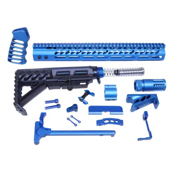 Blue & Black AR-15 Build Kit: Custom anodized parts for firearm enthusiasts.