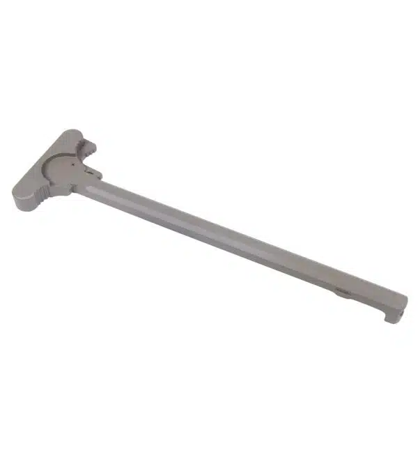 Modern silver T-shaped charging handle for rifles; lightweight, textured, ergonomic design for tactical use.