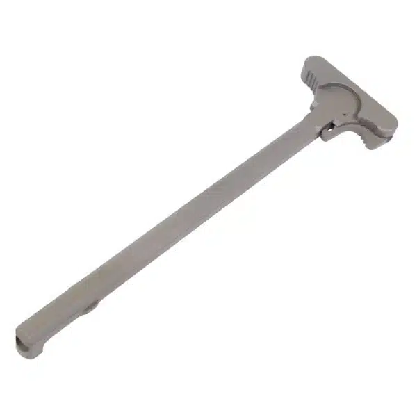 Silver AR-10 charging handle, T-shaped, lightweight, functional, for tactical rifles.