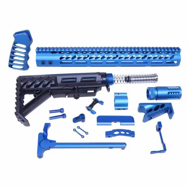 Blue anodized AR-15 parts, including handguard, buffer tube, stock, charging handle, and trigger components.