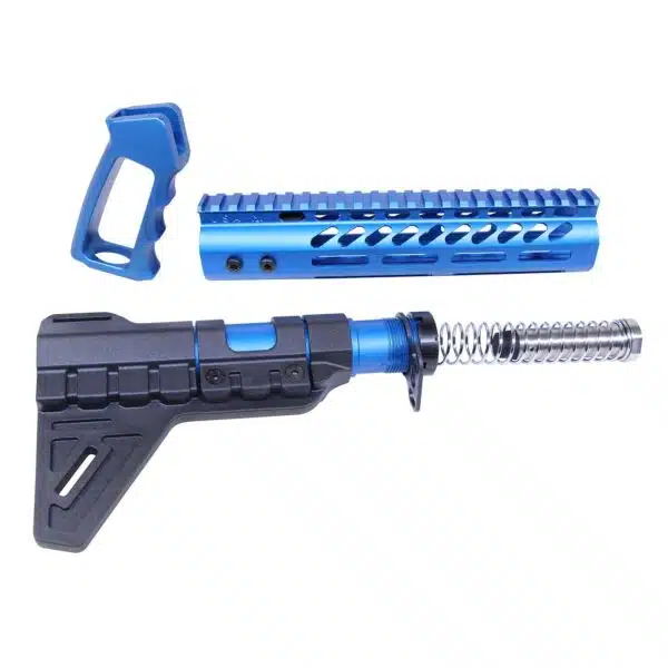 Blue and black firearm accessory set with stabilizing brace, handguard, and pistol grip.