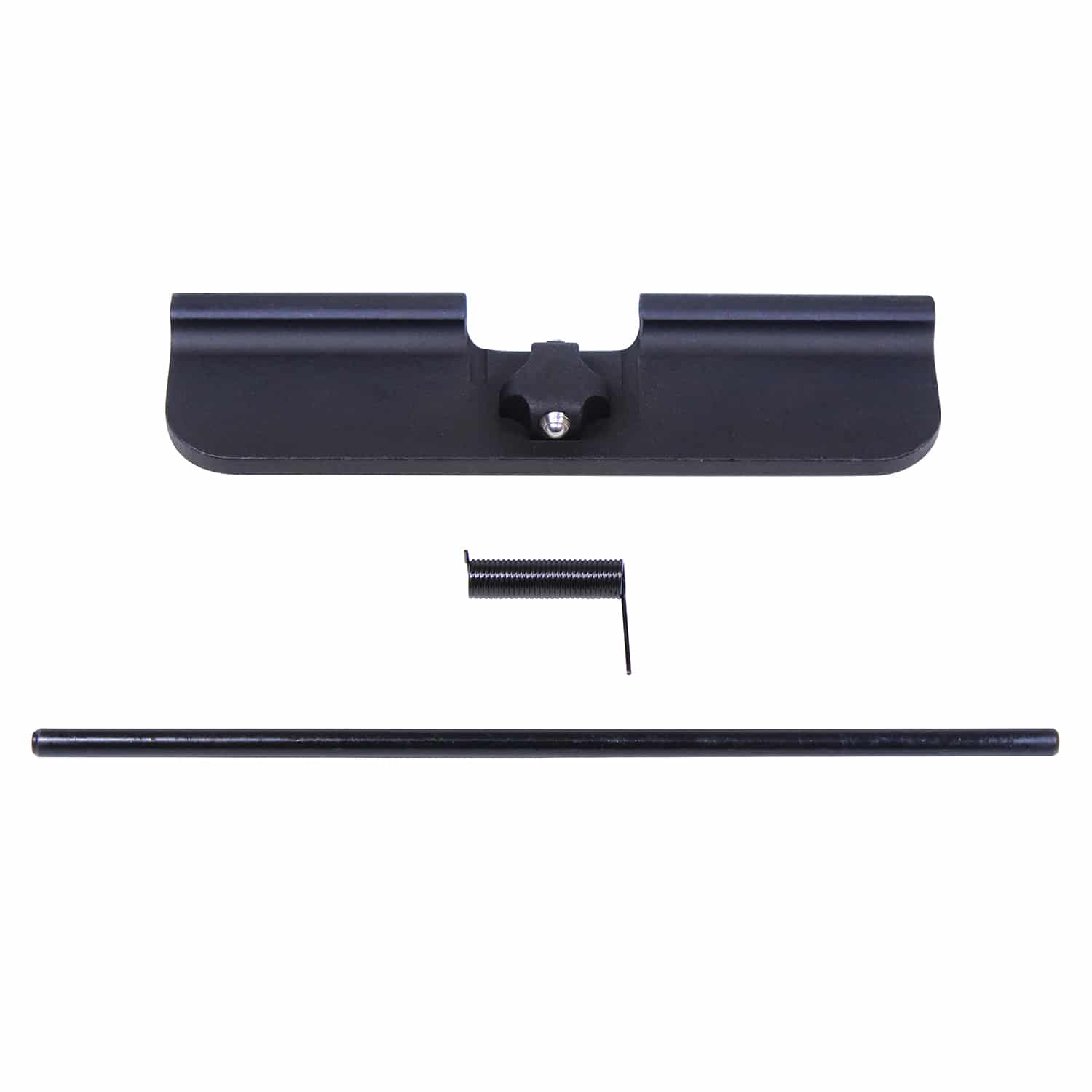 AR-15 black metal dust cover assembly with hinge pin and spring rod for debris protection.