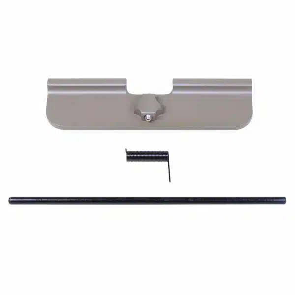AR-15 dust cover parts kit: silver plate, black pin, and spring rod displayed on white background.