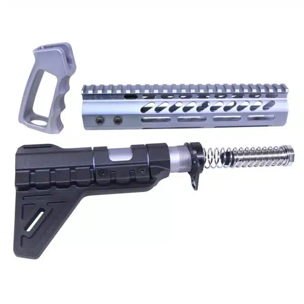 AR-15 aftermarket accessories: ergonomic grip, lightweight M-LOK handguard, and stabilizing brace.
