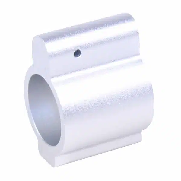 Aluminum AR-15 gas block, low-profile design, clear anodized finish, with a drilled securing hole.