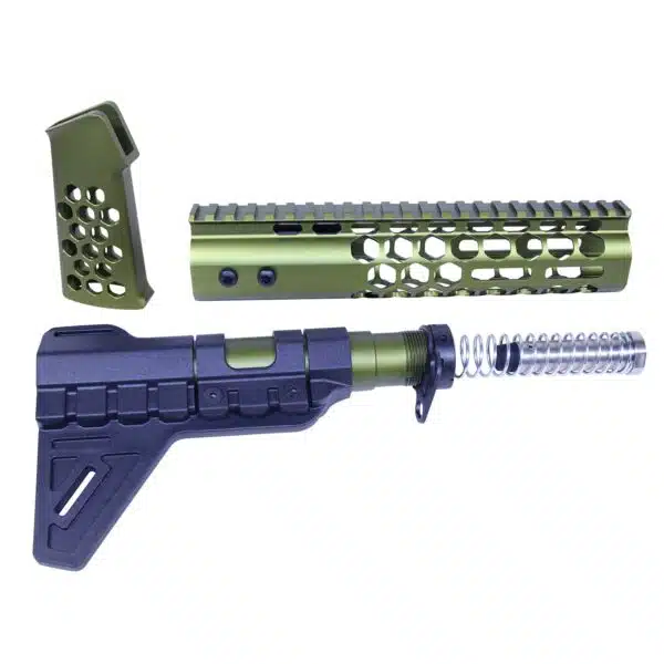 Custom olive green AR-15 components set with pistol grip, handguard, and stabilizing brace.