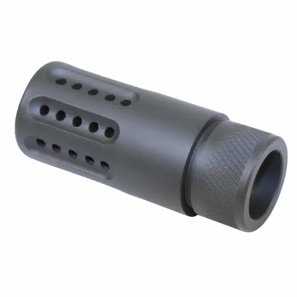 Tactical AR-15 muzzle brake with circular ports for recoil reduction and flash suppression.