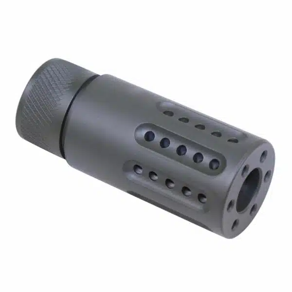 Gray AR-15 muzzle brake with precision-cut vents to reduce recoil and improve shooting performance.
