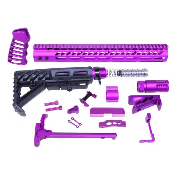 Purple and black AR-15 parts kit with anodized handguard and customization components.