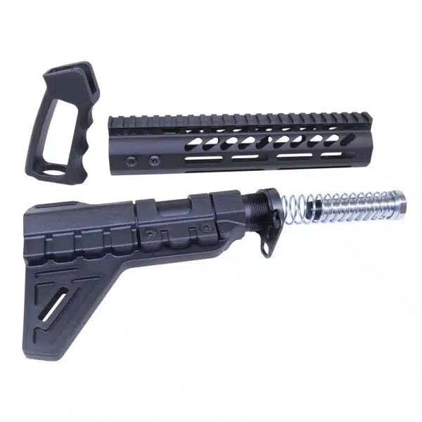 Black tactical firearm accessories set with stabilizing brace, M-LOK handguard, and ergonomic pistol grip.