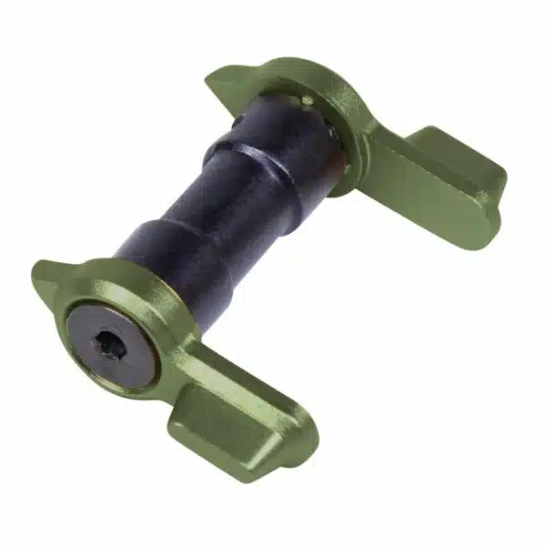 Military-style shock absorber with black cylinder and green anodized mounts for tactical equipment.