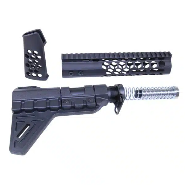 AR-15 Accessories: Pistol Brace, Honeycomb Rail, Ergonomic Grip on White Background.