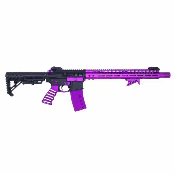 Purple custom AR-15 rifle with tactical stock and vibrant metallic finish.