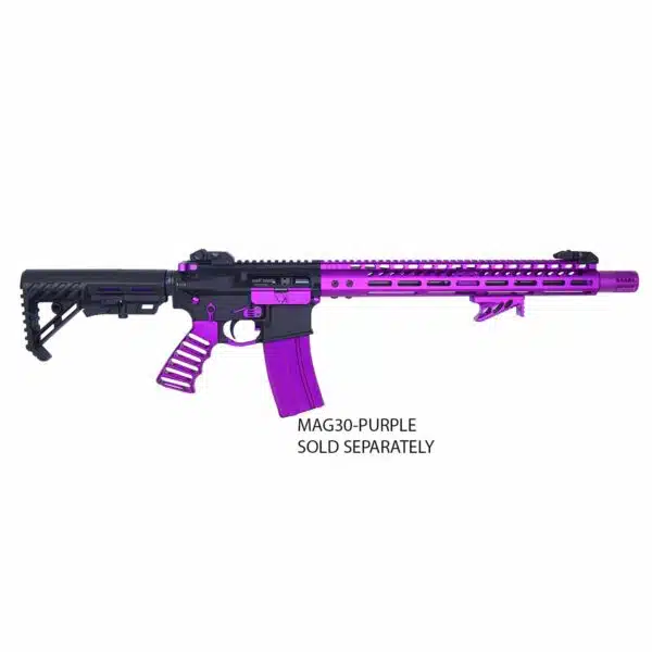 Custom black and purple AR-15 rifle with optional purple magazine for tactical enthusiasts.