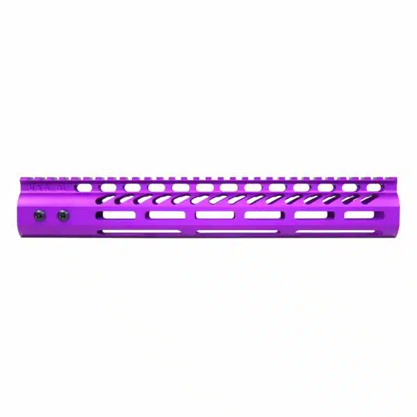 Vibrant purple AR handguard, lightweight with M-LOK slots and Picatinny rail for customization.