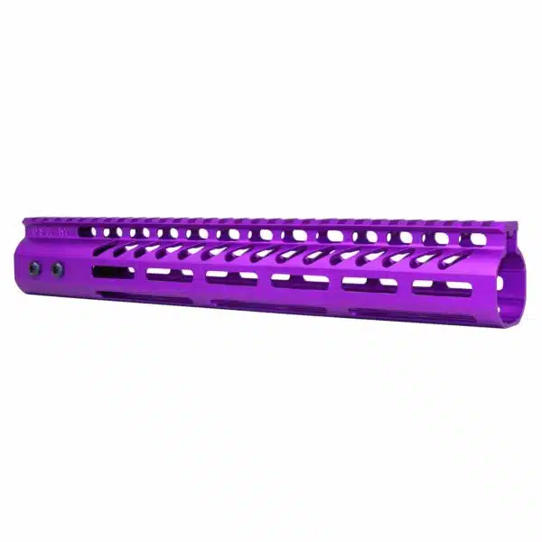 Bright purple M-LOK rifle handguard with ventilation, lightweight aluminum for custom firearm personalization.