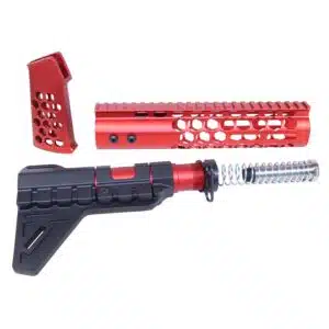 AR-15 red and black anodized pistol brace, handguard, grip, and buffer tube set.