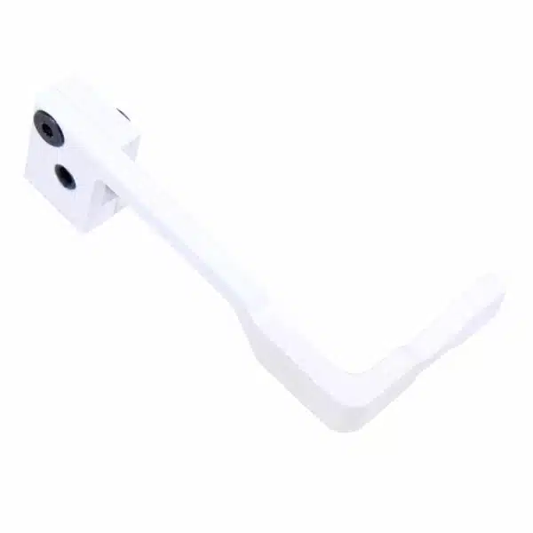 White L-shaped security camera mount for wall or ceiling, indoor/outdoor use, weather-resistant.
