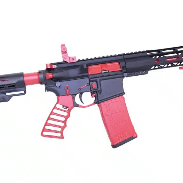 Red and Black AR-15 Tactical Rifle with Stylish Red Accents and Ventilated Handguard.
