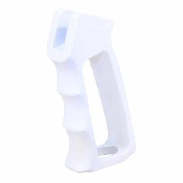 Ergonomic white pistol grip with finger grooves, designed for comfort and lightweight control.