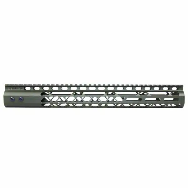 15 M-LOK OD Green Handguard, lightweight, durable, with Picatinny rail for accessory attachment.