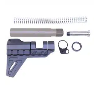 AR-15 pistol stabilizing brace kit with buffer tube, spring, brace, castle nut, and end plate.