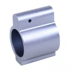 Aluminum gas block with matte finish, cylindrical design, and hollow center for AR-15 firearms.