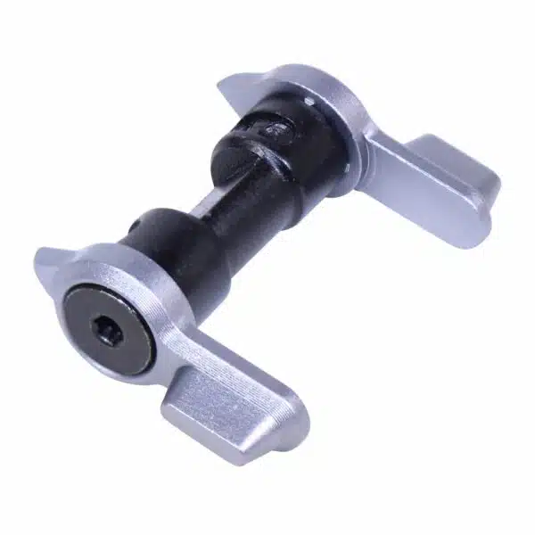 Precision-engineered AR-15 ambidextrous safety lever with anodized grey finish for 90/45-degree settings.