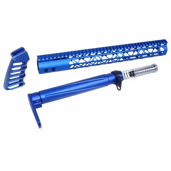 Blue anodized AR-15 parts: handguard, buffer tube, and pistol grip for custom firearm upgrades.