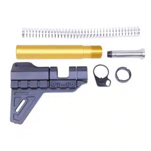 Gold AR pistol brace set with stabilizing brace, buffer tube, recoil spring, end plate, and castle nut.