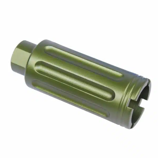 Olive green anodized AR-15 muzzle device with slots, hex end, and high-quality machining.
