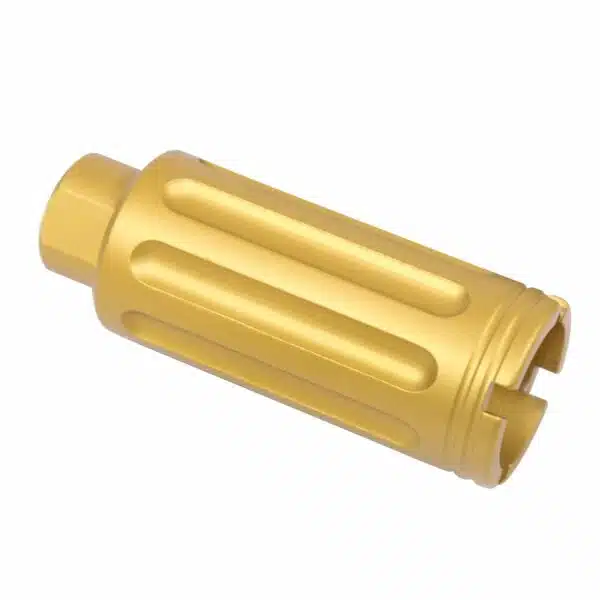 Gold anodized AR-15 Flash Can, polished cylindrical design with elongated slots, threaded for attachment.