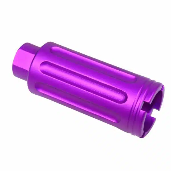 Anodized purple AR-15 flash can with milled slots for firearm customization.