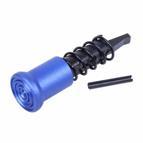 AR-15 forward assist featuring blue bullseye pattern end, black spring, and shaft.
