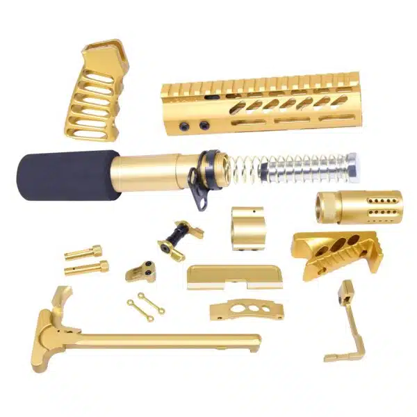 Gold AR-15 build kit: pistol grip, handguard, buffer tube, trigger, muzzle device, springs.