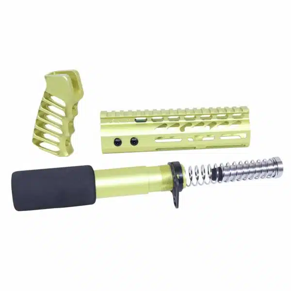 Neon green AR-15 accessories: grip, handguard, buffer tube with foam cover for customization.