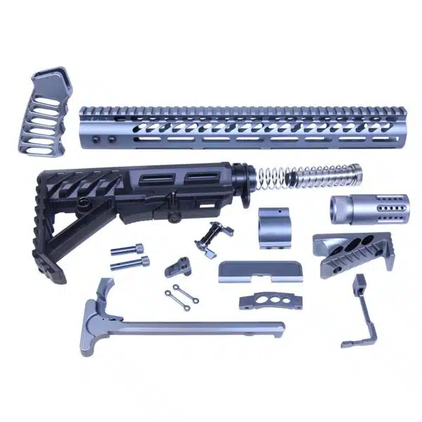 Complete AR-15 rifle parts kit with adjustable stock, silver handguard, and precision components.