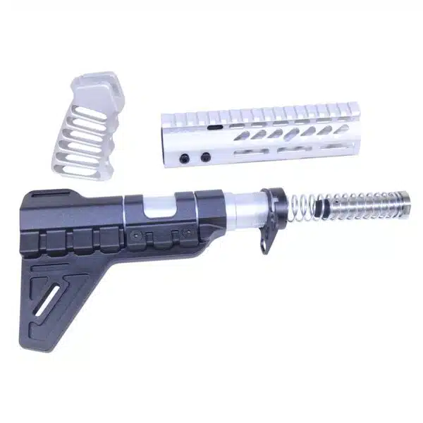 AR-15 tactical pistol brace and handguard with coiled buffer spring, showcasing modern firearm modularity.