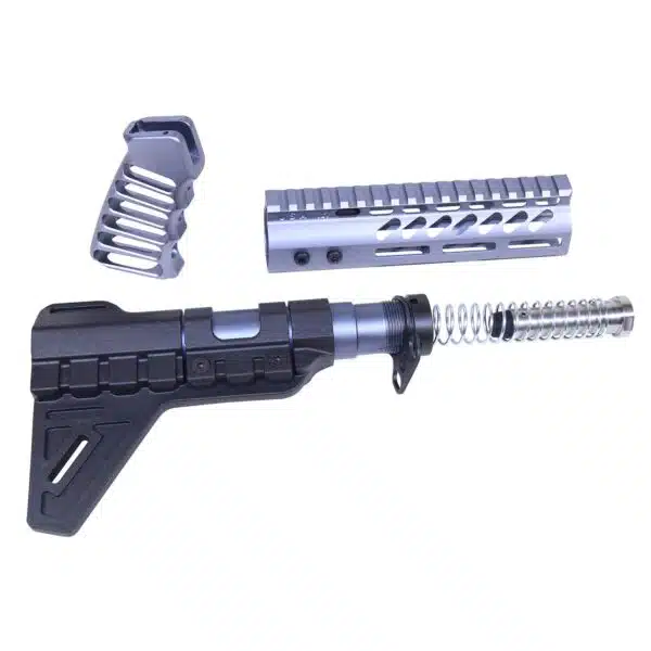 AR-15 accessory set with pistol brace, silver handguard, and ergonomic metallic grip against white background.