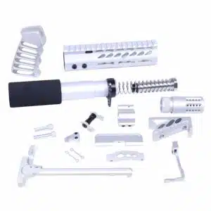 AR-15 anodized pistol parts kit with barrel, buffer tube, and handguard.