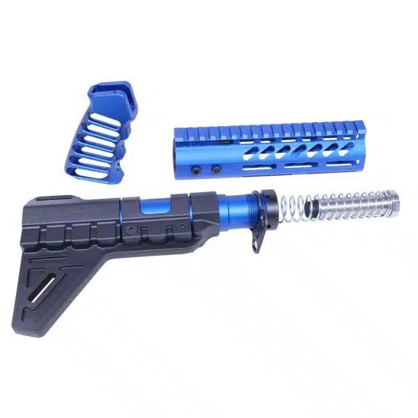 Custom blue and black AR-15 pistol parts set with stabilizing brace and ergonomic grip.